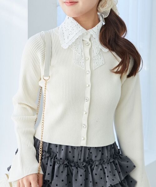 MAJESTIC LEGON / マジェスティックレゴン カーディガン・ボレロ | リボンレース襟ニットカーディガン（アイボリー）