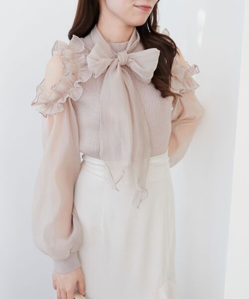 MAJESTIC LEGON / マジェスティックレゴン ニット・セーター | リボンセットシアーフリルニット（ピンクベージュ）