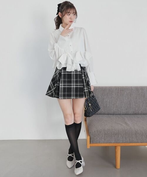 MAJESTIC LEGON / マジェスティックレゴン ミニ・ひざ丈スカート | ボックスプリーツフレアミニスカパン（ブラック柄）