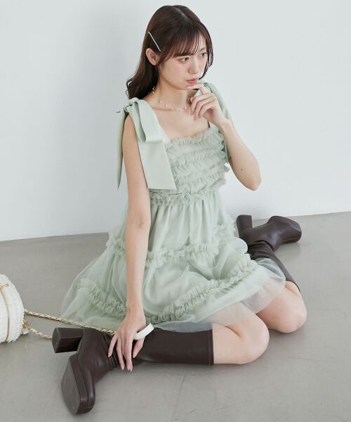 MAJESTIC LEGON / マジェスティックレゴン ミニ丈・ひざ丈ワンピース | フリルチュールミニワンピース（Ｌ／グリーン）