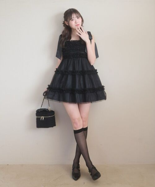 MAJESTIC LEGON / マジェスティックレゴン ミニ丈・ひざ丈ワンピース | フリルチュールミニワンピース（ブラック）