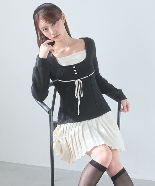 MAJESTIC LEGON / マジェスティックレゴン ミニ丈・ひざ丈ワンピース | レイヤードライクプリーツニットワンピ（ブラック）