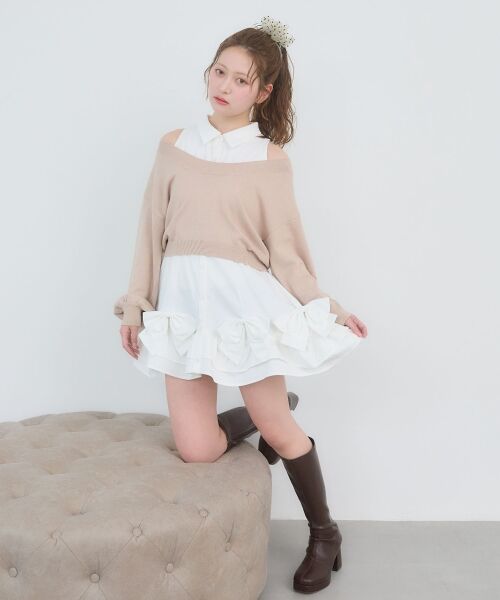 MAJESTIC LEGON / マジェスティックレゴン ミニ丈・ひざ丈ワンピース | ニット×リボンシャツミニワンピ（ピンクベージュ）