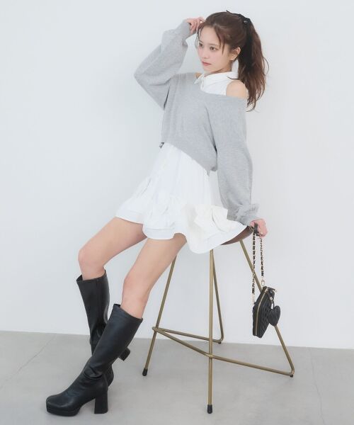 MAJESTIC LEGON / マジェスティックレゴン ミニ丈・ひざ丈ワンピース | ニット×リボンシャツミニワンピ（グレー）