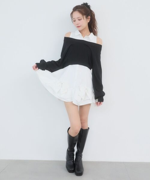 MAJESTIC LEGON / マジェスティックレゴン ミニ丈・ひざ丈ワンピース | ニット×リボンシャツミニワンピ（ブラック）