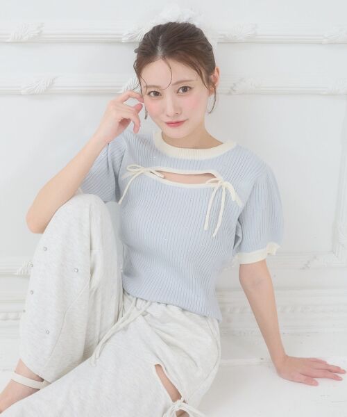 MAJESTIC LEGON / マジェスティックレゴン ニット・セーター | デコルテオープンバイカラーニット（Ｌ／ブルー）