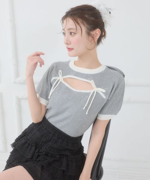 MAJESTIC LEGON / マジェスティックレゴン ニット・セーター | デコルテオープンバイカラーニット（Ｌ／グレー）