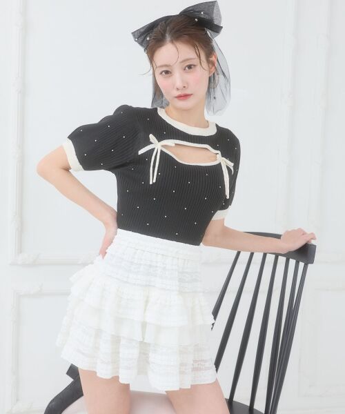 MAJESTIC LEGON / マジェスティックレゴン ニット・セーター | デコルテオープンバイカラーニット（ブラック）