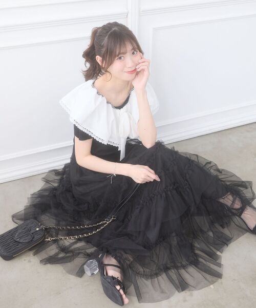 MAJESTIC LEGON / マジェスティックレゴン ロング・マキシ丈スカート | チュールフリルティアードスカート（ブラック）