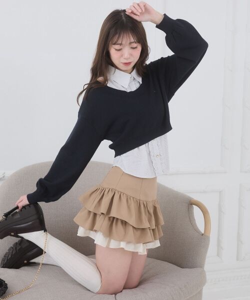 MAJESTIC LEGON / マジェスティックレゴン ミニ・ひざ丈スカート | 異素材ティアードミニスカパン（キャメル）