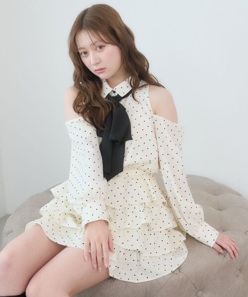 MAJESTIC LEGON / マジェスティックレゴン ミニ丈・ひざ丈ワンピース | 肩あきリボンタイセットミニワンピ（アイボリー柄）