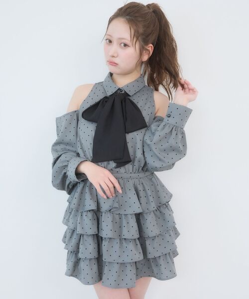 MAJESTIC LEGON / マジェスティックレゴン ミニ丈・ひざ丈ワンピース | 肩あきリボンタイセットミニワンピ（グレー柄）