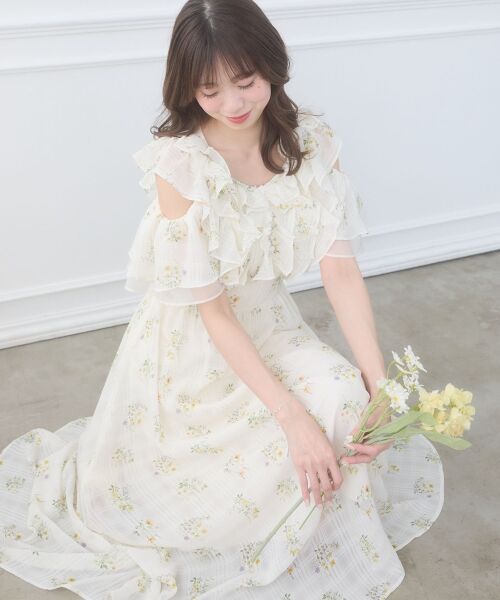 MAJESTIC LEGON / マジェスティックレゴン ロング・マキシ丈ワンピース | バックレースアップマルチwayワンピ（アイボリー柄）