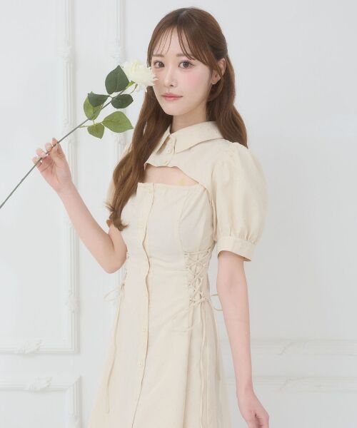 MAJESTIC LEGON / マジェスティックレゴン ミニ丈・ひざ丈ワンピース | デコルテオープンミニシャツワンピ（ベージュ）