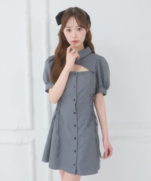 MAJESTIC LEGON / マジェスティックレゴン ミニ丈・ひざ丈ワンピース | デコルテオープンミニシャツワンピ（グレー）