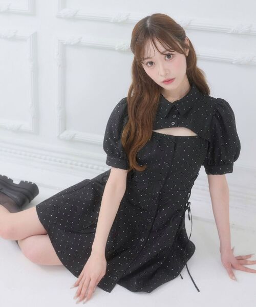 MAJESTIC LEGON / マジェスティックレゴン ミニ丈・ひざ丈ワンピース | デコルテオープンミニシャツワンピ（ブラック）