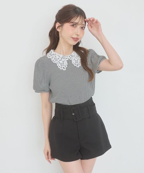 MAJESTIC LEGON / マジェスティックレゴン カットソー | ◇2WAYレース襟パフスリーブトップス（ブラック柄）