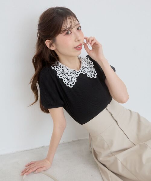 MAJESTIC LEGON / マジェスティックレゴン カットソー | ◇2WAYレース襟パフスリーブトップス（ブラック）