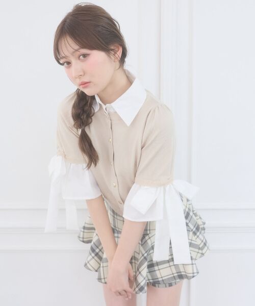 MAJESTIC LEGON / マジェスティックレゴン ニット・セーター | 袖リボンシャツレイヤードライクカーデ（ベージュ）