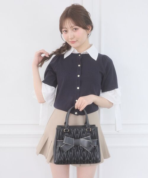 MAJESTIC LEGON / マジェスティックレゴン ニット・セーター | 袖リボンシャツレイヤードライクカーデ（ネイビー）