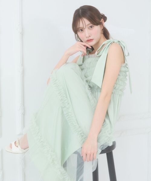 MAJESTIC LEGON / マジェスティックレゴン ロング・マキシ丈ワンピース | フリルチュールロングワンピース（Ｌ／グリーン）