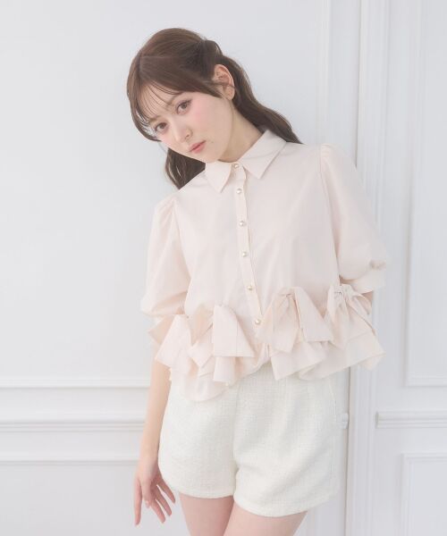 MAJESTIC LEGON / マジェスティックレゴン シャツ・ブラウス | リボンフリルペプラム半袖ブラウス（ピンク）