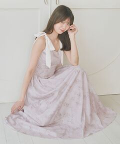 リボンショルダーフラワーワンピース