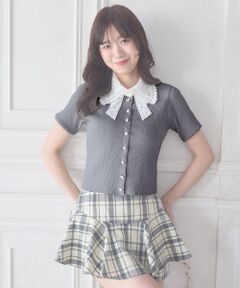 MAJESTIC LEGON / マジェスティックレゴン ニット・セーター | レースリボン襟半袖リブニット