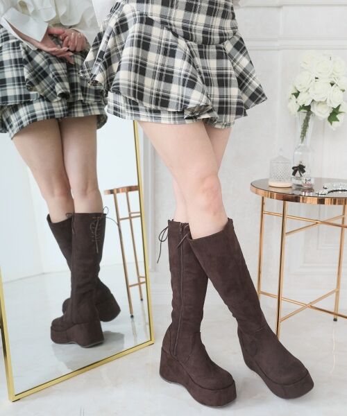 MAJESTIC LEGON / マジェスティックレゴン ブーツ(ロング丈) | バックリボン厚底ロングブーツ(ブラウン柄)