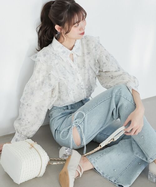 MAJESTIC LEGON / マジェスティックレゴン シャツ・ブラウス | 襟付きエアリーフリルブラウス（グレー柄）