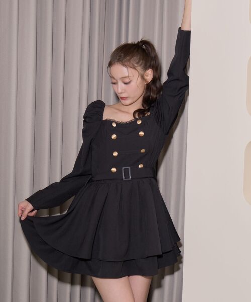 MAJESTIC LEGON / マジェスティックレゴン ミニ丈・ひざ丈ワンピース | ナポレオンデザイン長袖ワンピース（ブラック）