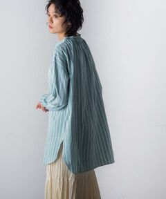 【socolla】シャンブレーストライプ2WAYチュニックシャツ≪洗濯機で洗える≫