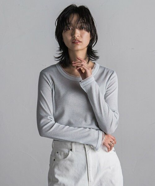MAYSON GREY/メイソングレイ チュール使いラメリブロングTシャツ≪手洗い可能≫ ホワイト M MAYSON GREY/メイソングレイ チュール使いラメリブロングTシャツ≪手洗い可能≫ ホワイト M