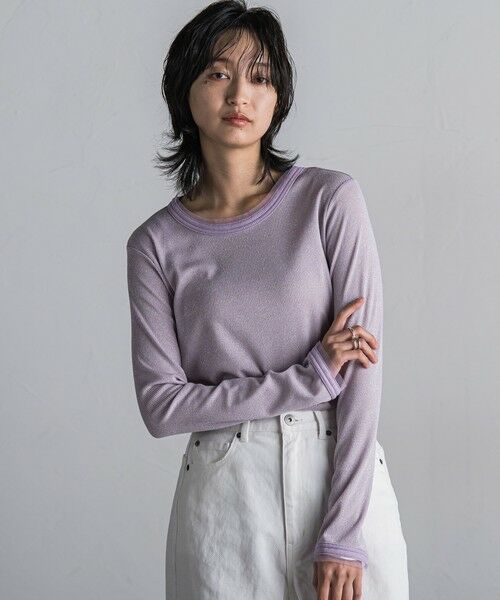 MAYSON GREY/メイソングレイ チュール使いラメリブロングTシャツ≪手洗い可能≫ パープル M MAYSON GREY/メイソングレイ チュール使いラメリブロングTシャツ≪手洗い可能≫ パープル M