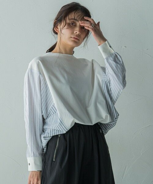 MAYSON GREY/メイソングレイ ストライプドッキングドルマンプルオーバー≪洗濯機で洗える≫ ホワイト M MAYSON GREY/メイソングレイ ストライプドッキングドルマンプルオーバー≪洗濯機で洗える≫ ホワイト M