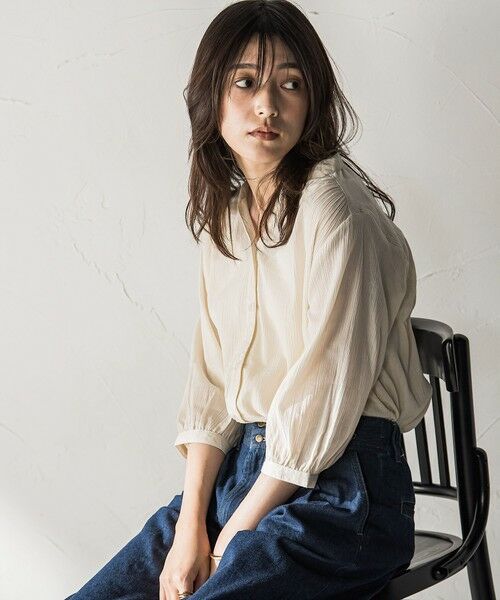 MAYSON GREY/メイソングレイ 【WEB限定】バンドカラー楊柳7分袖シャツ≪洗濯機で洗える≫ ベージュ M MAYSON GREY/メイソングレイ 【WEB限定】バンドカラー楊柳7分袖シャツ≪洗濯機で洗える≫ ベージュ M