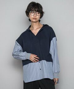 MAYSON GREY / メイソングレイ カットソー | ストライプシャツドッキングスキッパーフーディプルオーバー≪洗濯機で洗える≫