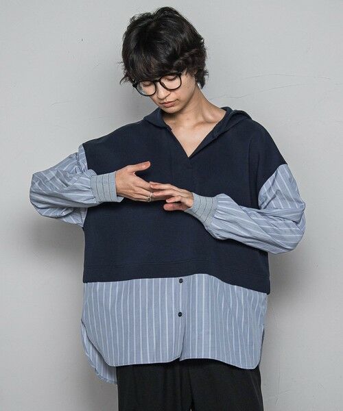 MAYSON GREY / メイソングレイ カットソー | ストライプシャツドッキングスキッパーフーディプルオーバー≪洗濯機で洗える≫ | 詳細1