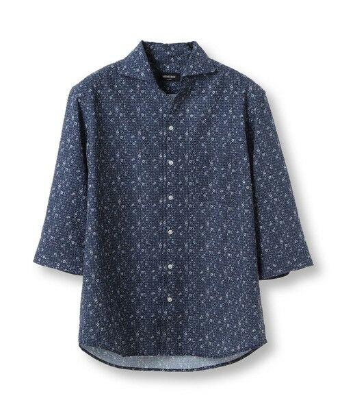 MEN'S BIGI / メンズビギ シャツ・ブラウス | エアリーサッカー千鳥フラワープリント七分袖シャツ〈イージーケア/吸水速乾〉（ネイビー）