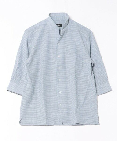 MEN'S BIGI / メンズビギ シャツ・ブラウス | カラミ織風サッカー七分袖スタンドカラーシャツ<ストレッチ/通気性>（サックス）