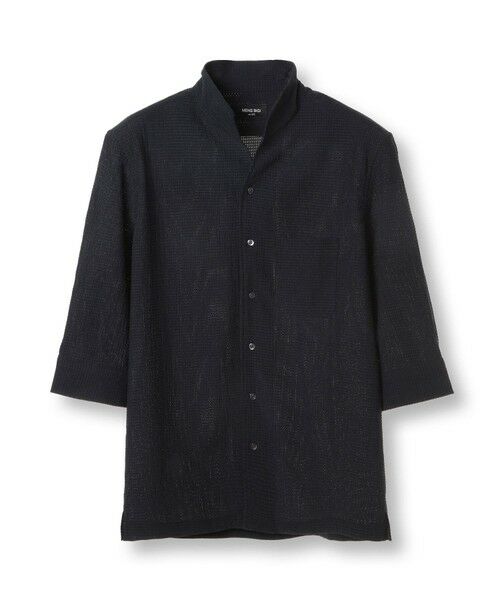 MEN'S BIGI / メンズビギ シャツ・ブラウス | カラミ織風サッカー七分袖スタンドカラーシャツ<ストレッチ/通気性>（ネイビー）