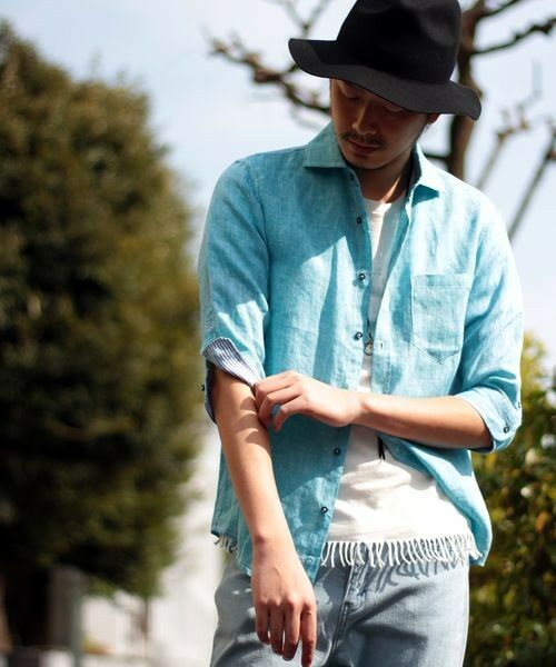 MEN'S BIGI / メンズビギ シャツ・ブラウス | フレンチリネン七分袖シャツ（ターコイズ）