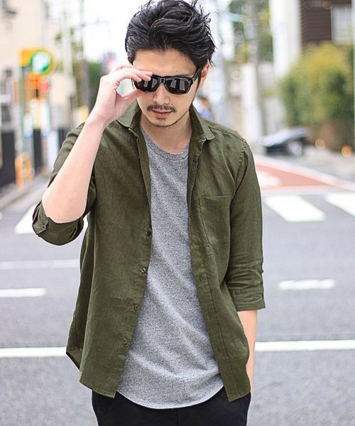 MEN'S BIGI / メンズビギ シャツ・ブラウス | フレンチリネン七分袖シャツ（カーキ）