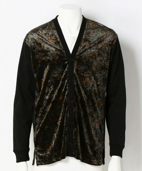 MEN'S BIGI / メンズビギ カーディガン・ボレロ | スムース×ベロアペイズリー柄カーディガン（ブラック）