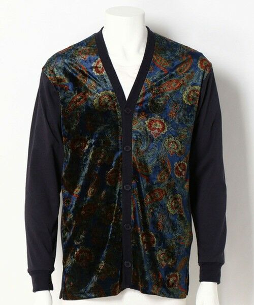 MEN'S BIGI / メンズビギ カーディガン・ボレロ | スムース×ベロアペイズリー柄カーディガン（ネイビー）