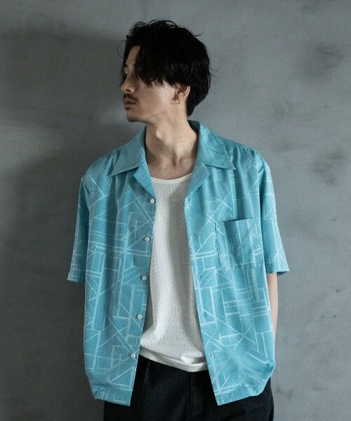 MEN'S BIGI / メンズビギ シャツ・ブラウス | 幾何学柄プリント楊柳オープンカラーシャツ（サックス）