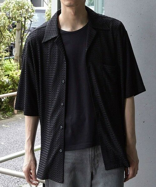 MEN'S BIGI / メンズビギ シャツ・ブラウス | ドビージャガードジャージーオープンカラーシャツ（ブラック）