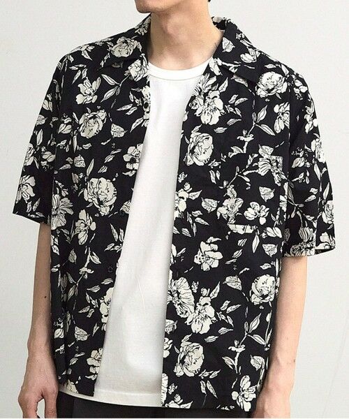 MEN'S BIGI / メンズビギ シャツ・ブラウス | フラワー柄プリントブロードオープンカラー半袖シャツ（ブラック）