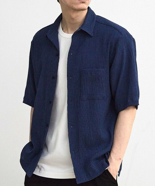 MEN'S BIGI / メンズビギ シャツ・ブラウス | シャーリングレギュラーカラー半袖シャツ（ネイビー）