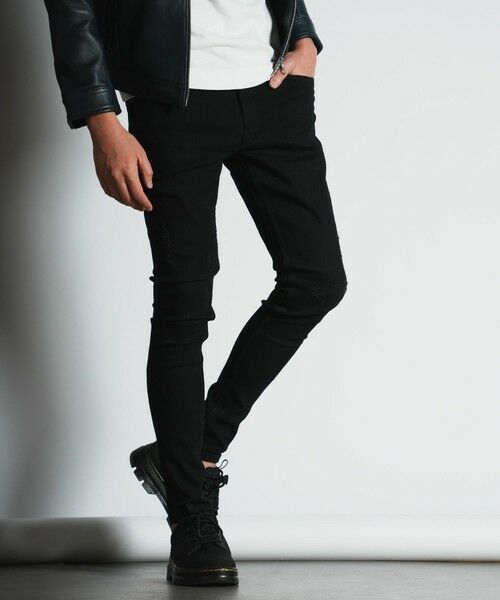 MEN'S BIGI / メンズビギ デニムパンツ | 【ハイパーストレッチスキニー】リペアデニム ジェギンス（ブラック）